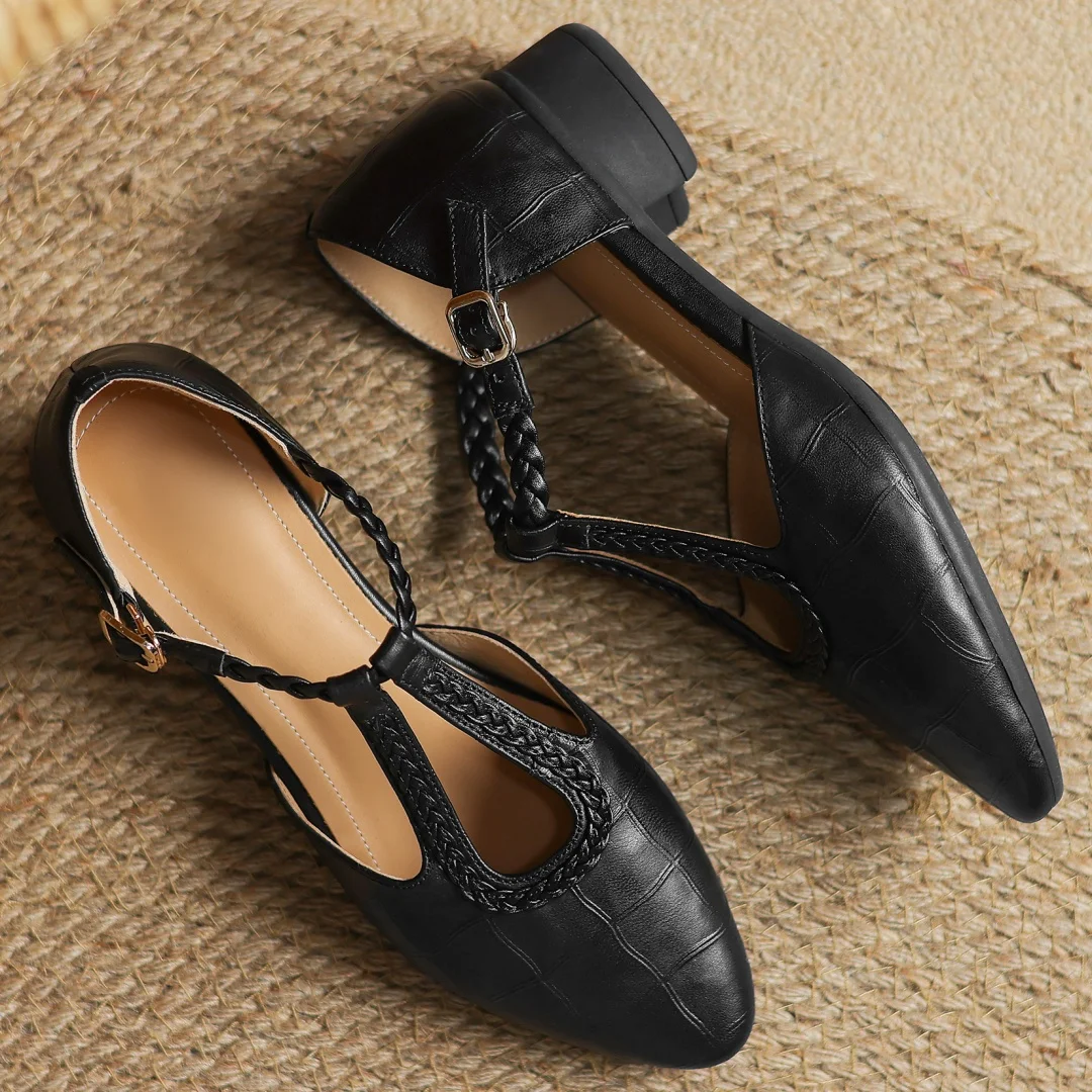 Astrid – Classic Leather T-Strap Shoe with Braided T-Strap