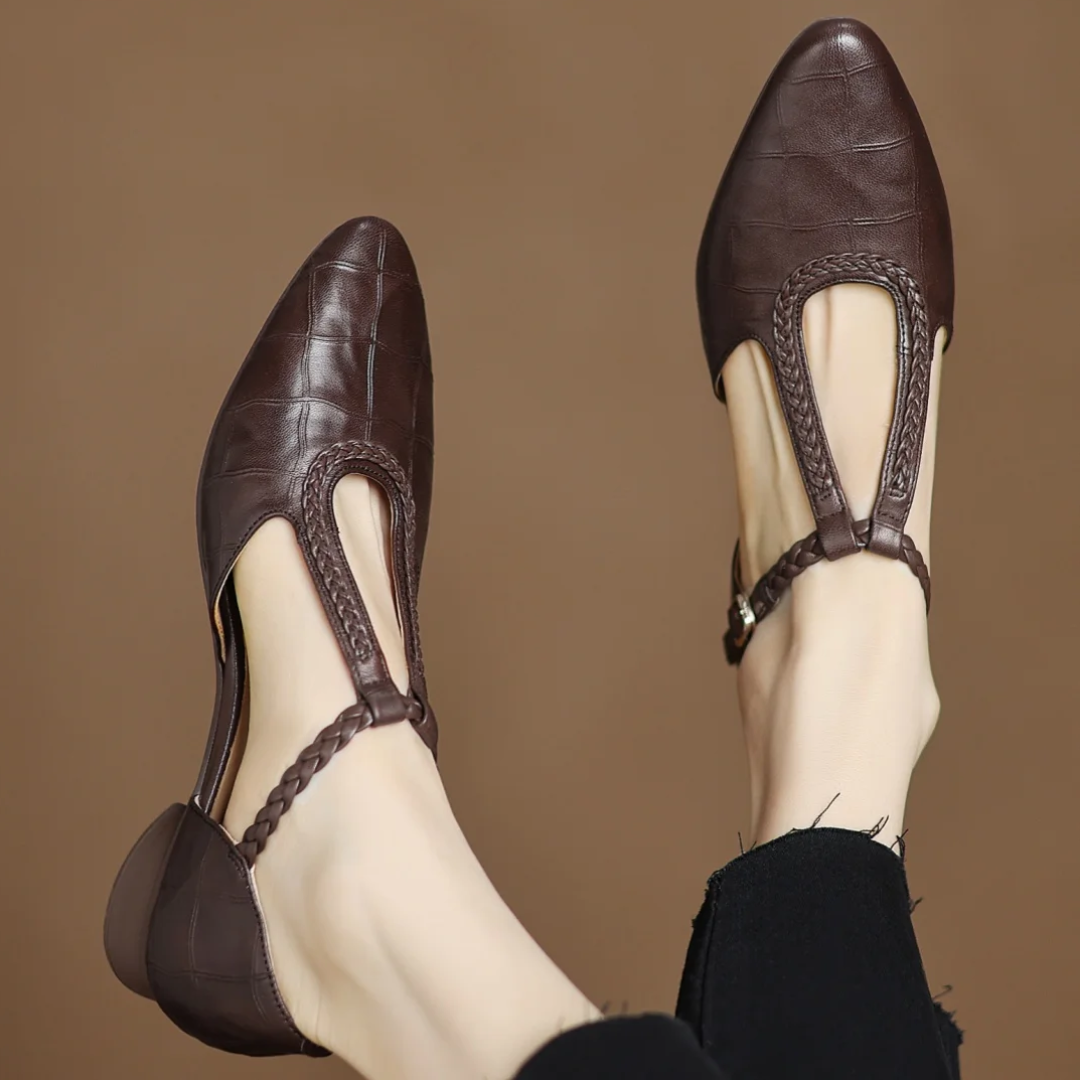 Astrid – Classic Leather T-Strap Shoe with Braided T-Strap