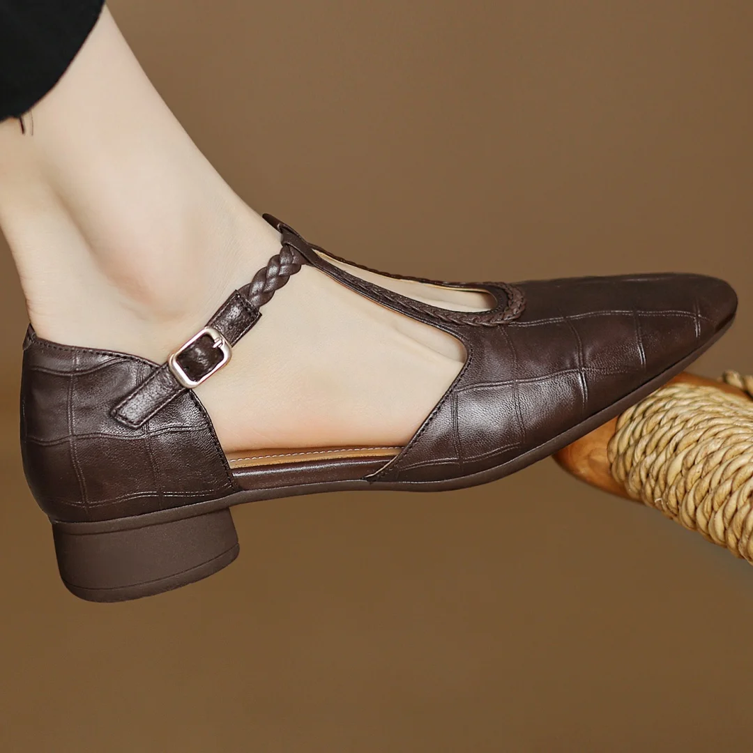 Astrid – Classic Leather T-Strap Shoe with Braided T-Strap