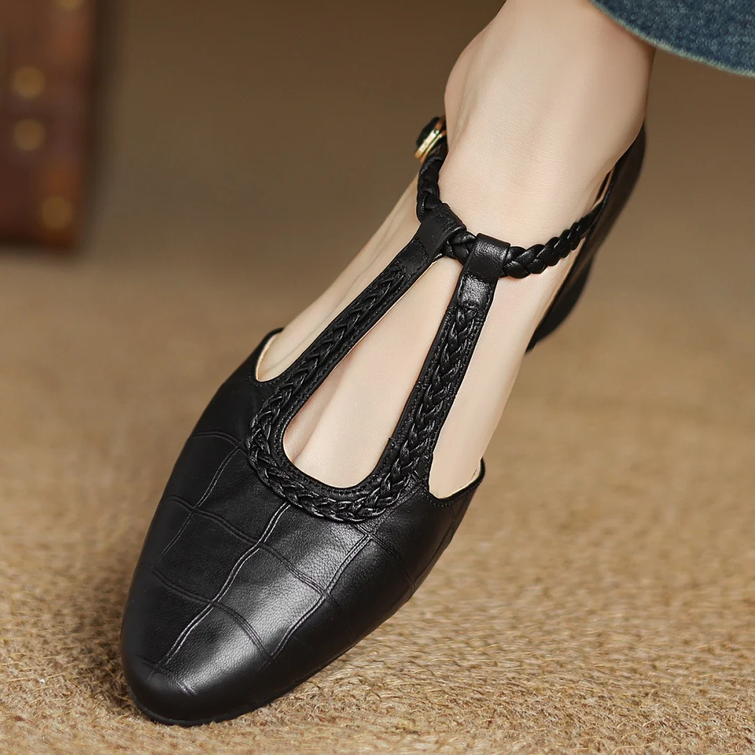 Astrid – Classic Leather T-Strap Shoe with Braided T-Strap