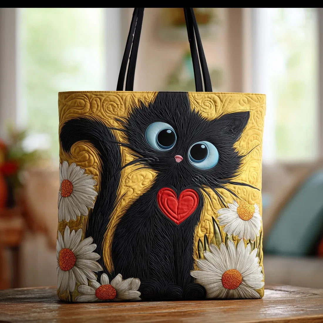 Quilted Bag Black Cat with Heart and Daisies