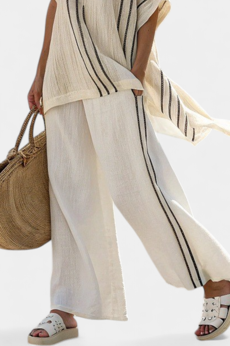Anna – Elegant Ivory Blouse & Black Striped Trousers