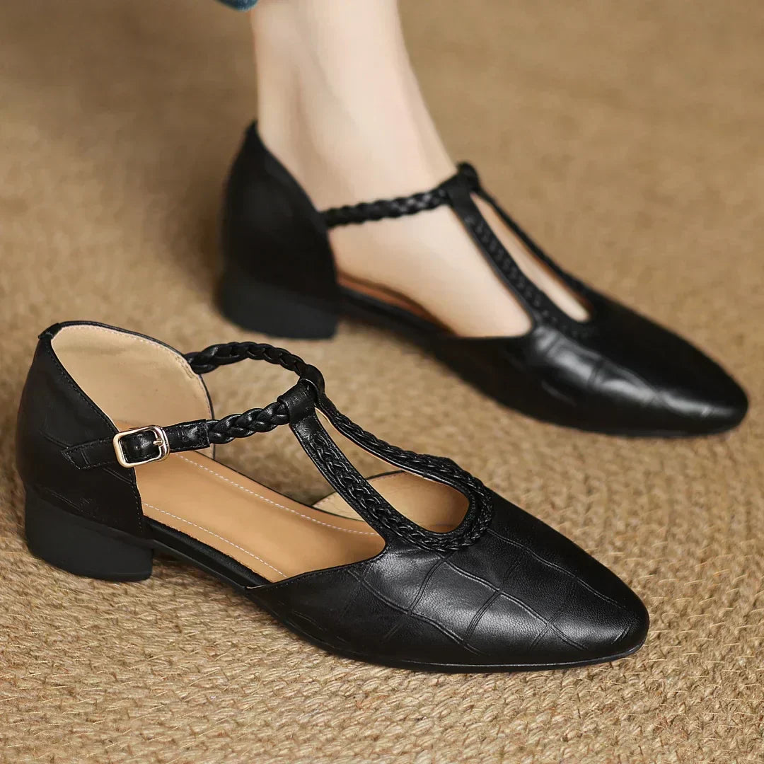 Astrid – Classic Leather T-Strap Shoe with Braided T-Strap