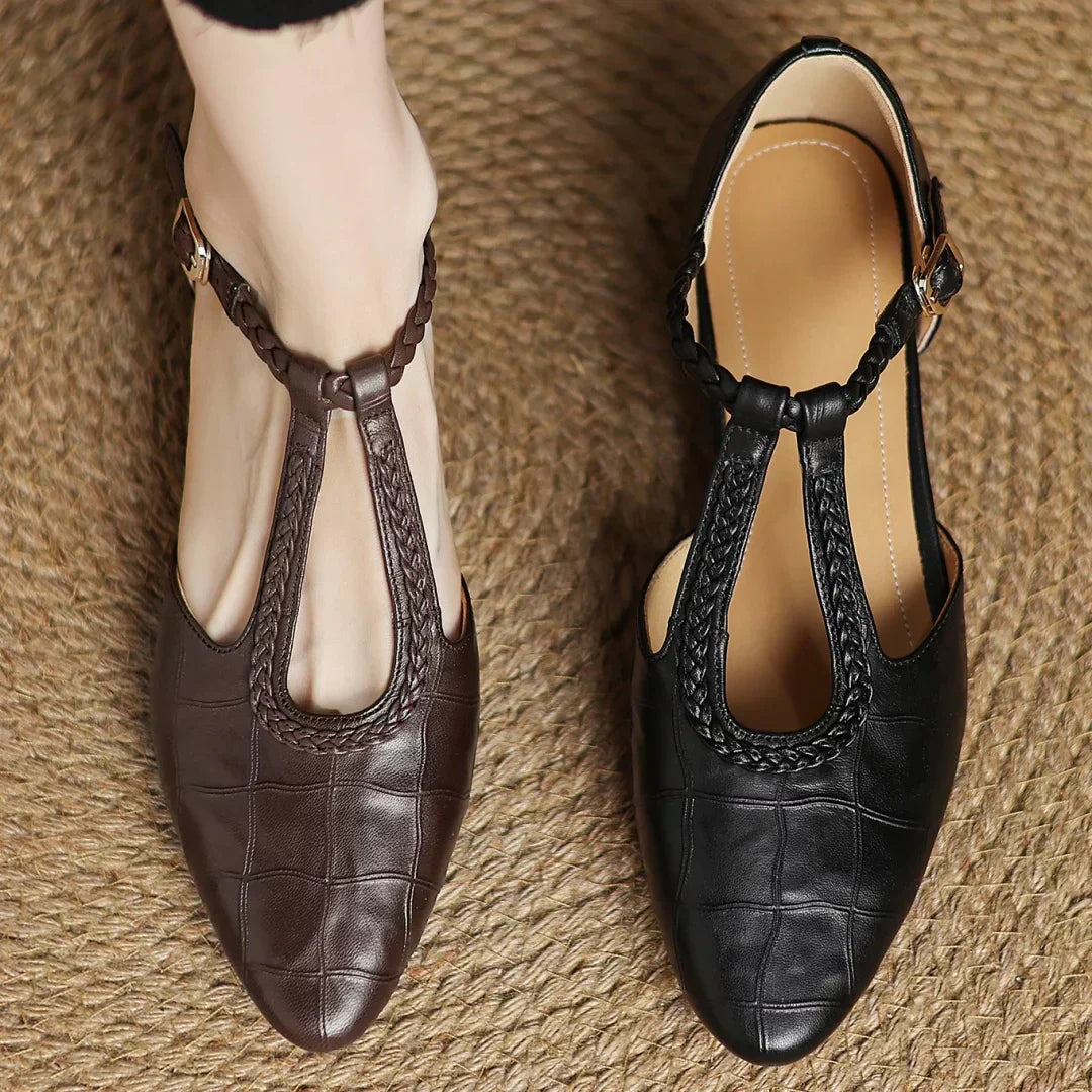 Astrid – Classic Leather T-Strap Shoe with Braided T-Strap