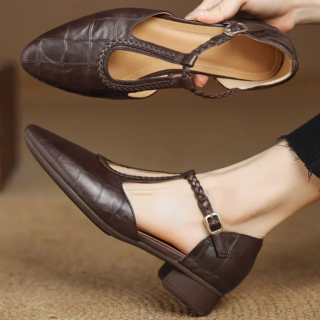 Astrid – Classic Leather T-Strap Shoe with Braided T-Strap