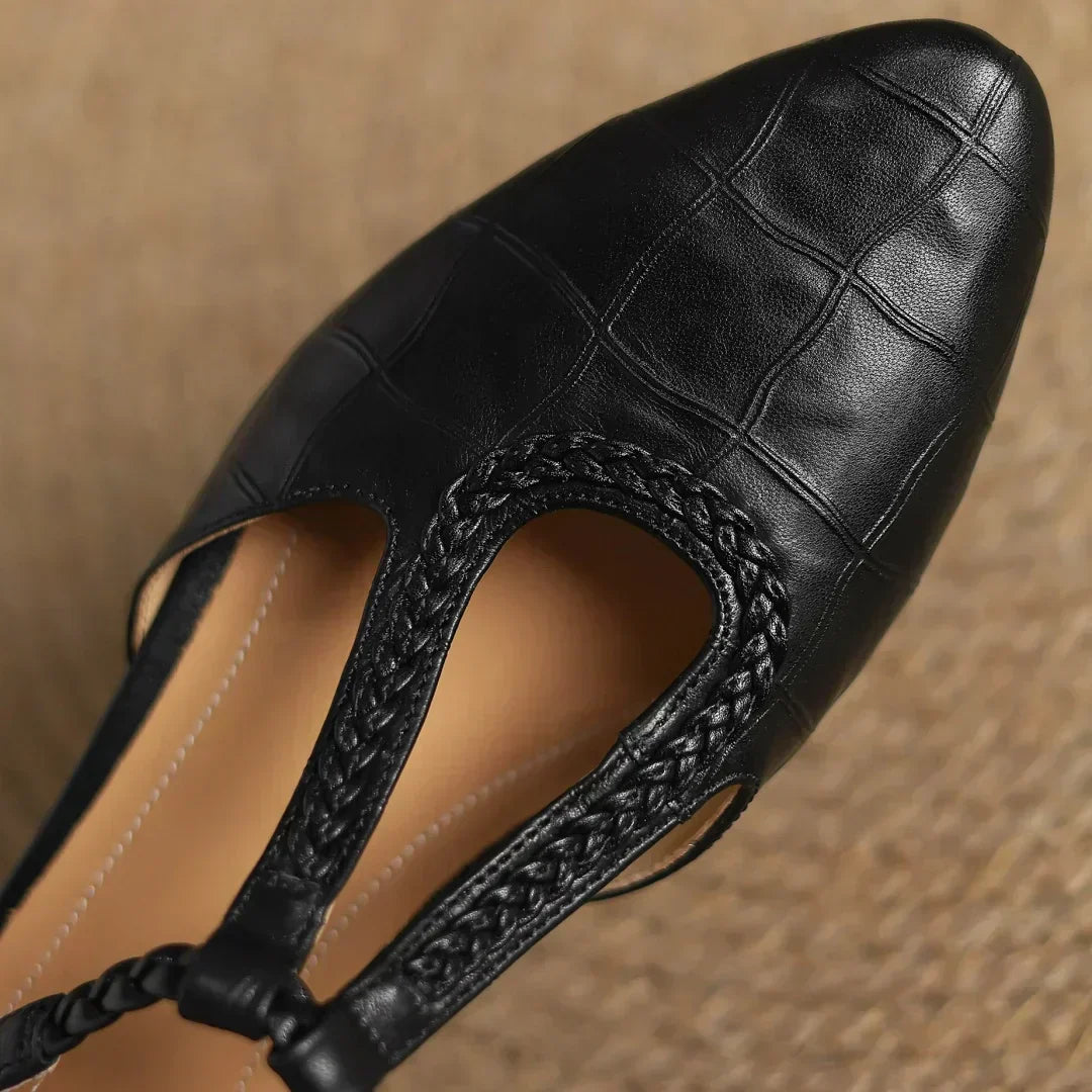Astrid – Classic Leather T-Strap Shoe with Braided T-Strap