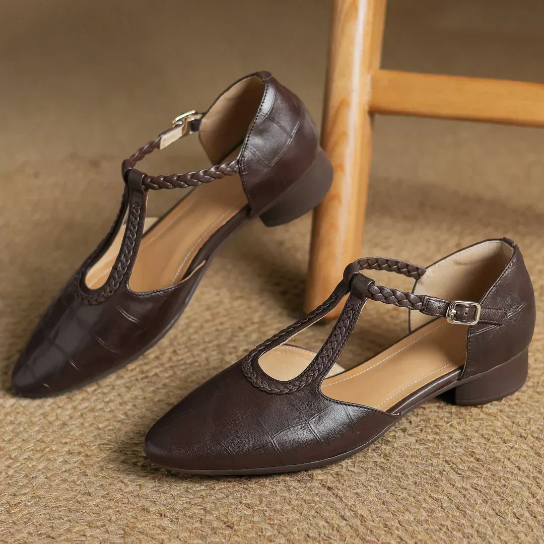 Astrid – Classic Leather T-Strap Shoe with Braided T-Strap