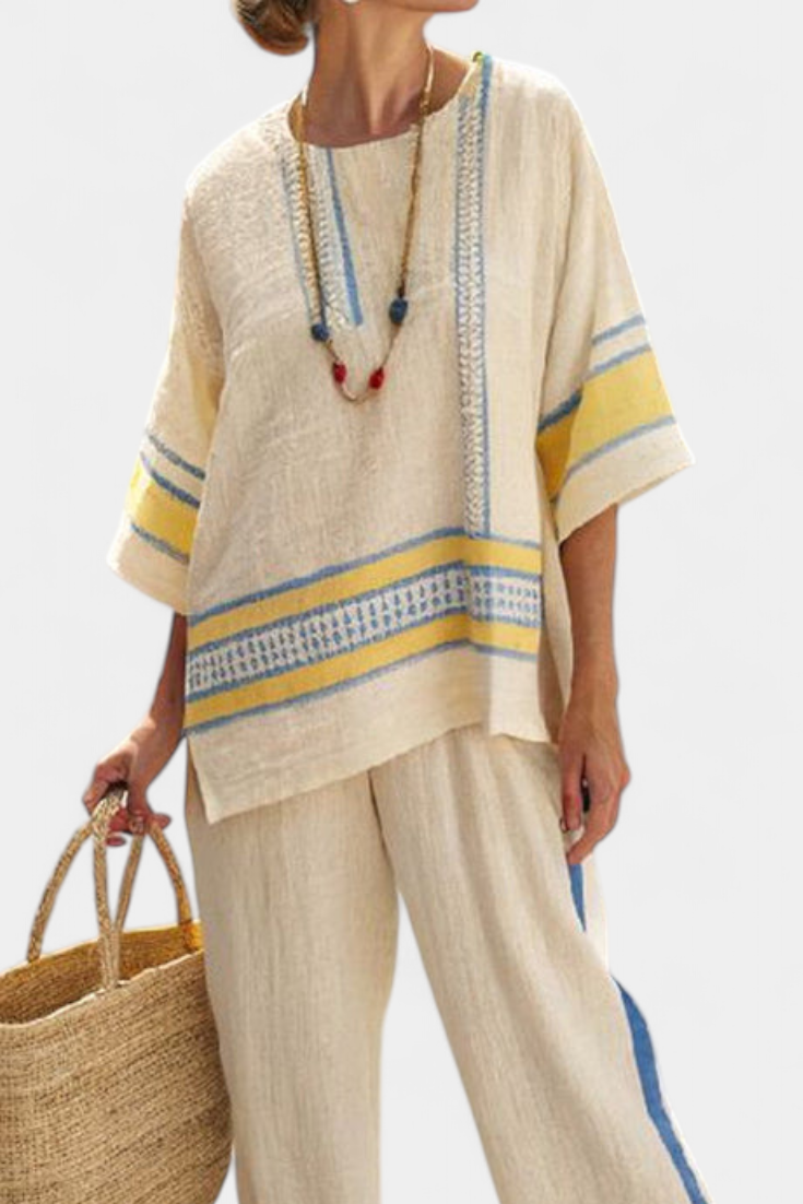 Jade – Bequemes blau-gelbes mediterranes Oberteil und Hose