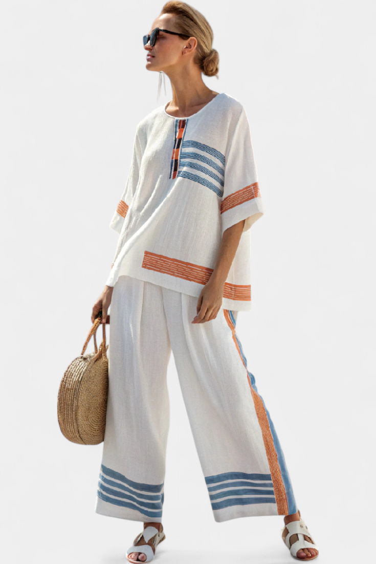 Romy – Raffiniertes blau-orange gestreiftes Oberteil & Hose