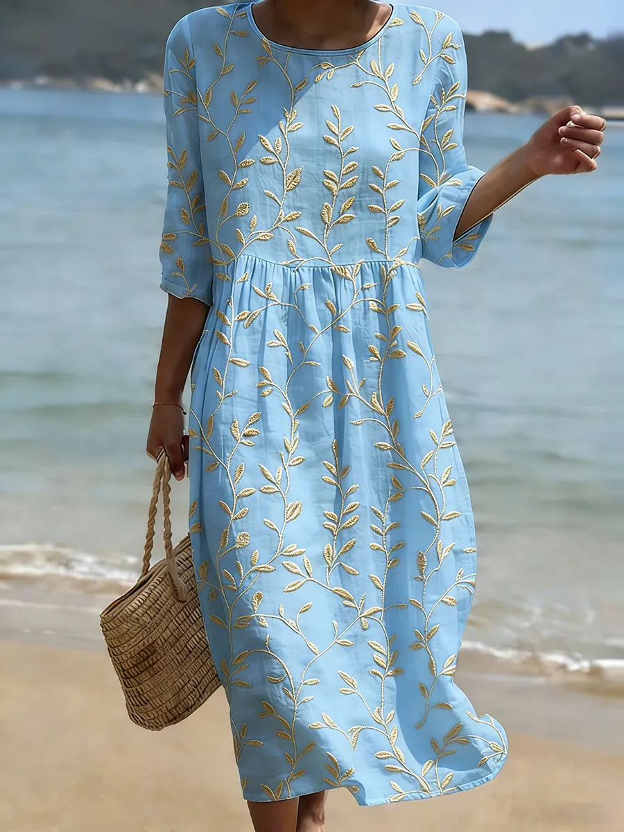 Natalie | Midikleid mit Pflanzen- und Blumenprint und Rundhalsausschnitt
