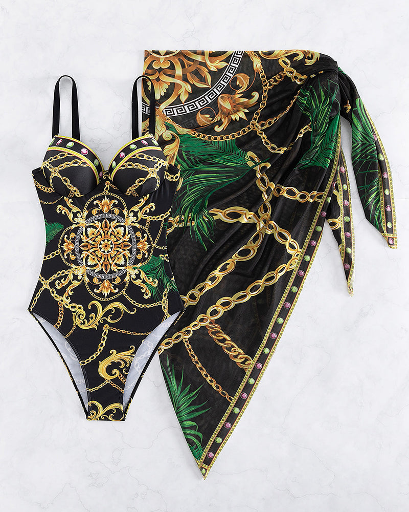 Darius - One-piece swimsuit with push-up effect and matching pareo