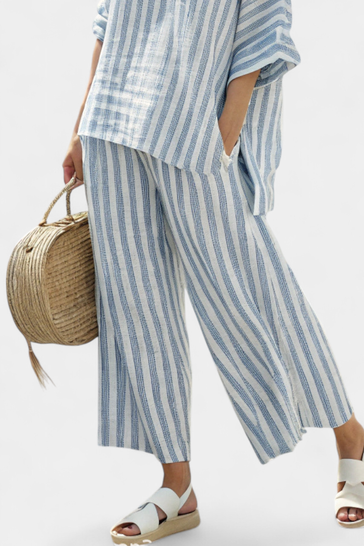 Tess – Sophisticated Blue Striped Top & Relaxed Trousers