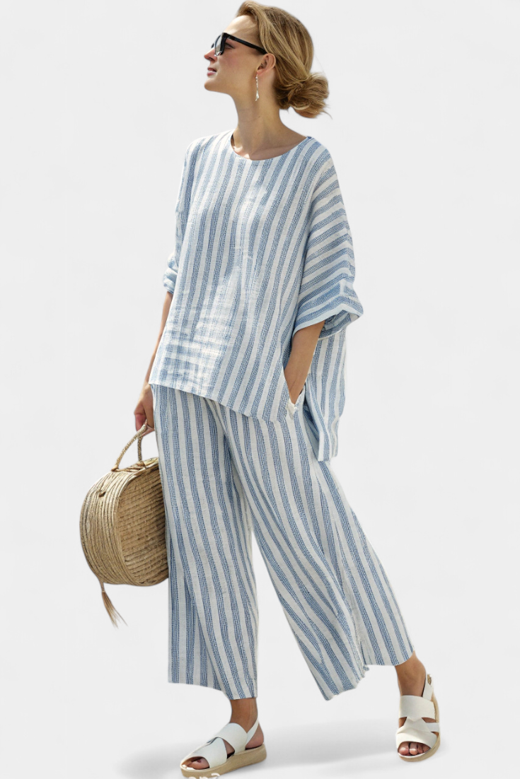 Tess – Sophisticated Blue Striped Top & Relaxed Trousers