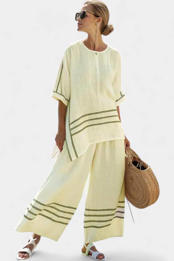 Roos – Sophisticated Asymmetrical Striped Top & Statement Trousers