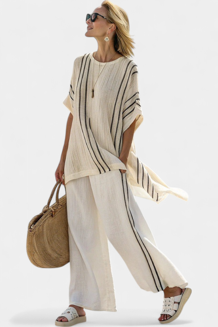 Anna – Elegant Ivory Blouse & Black Striped Trousers