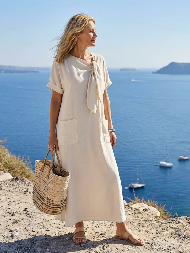 Elowyn | Rundhals-Maxikleid mit kurzen Ärmeln