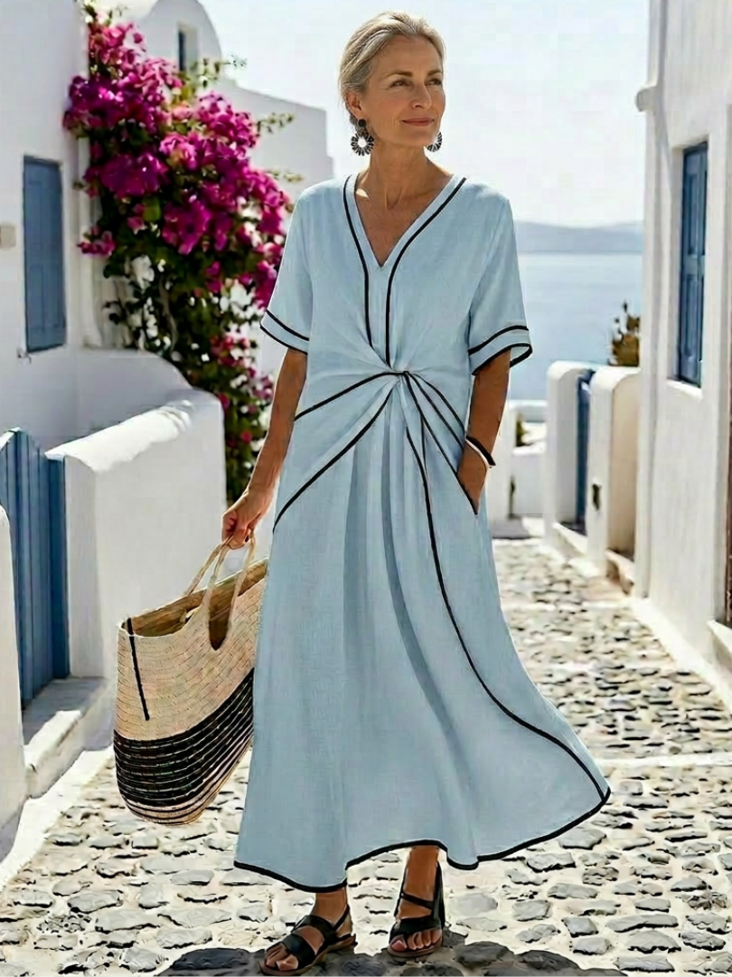 Linnea | V-Neck Ruched Waist Short Sleeve Maxi Dress