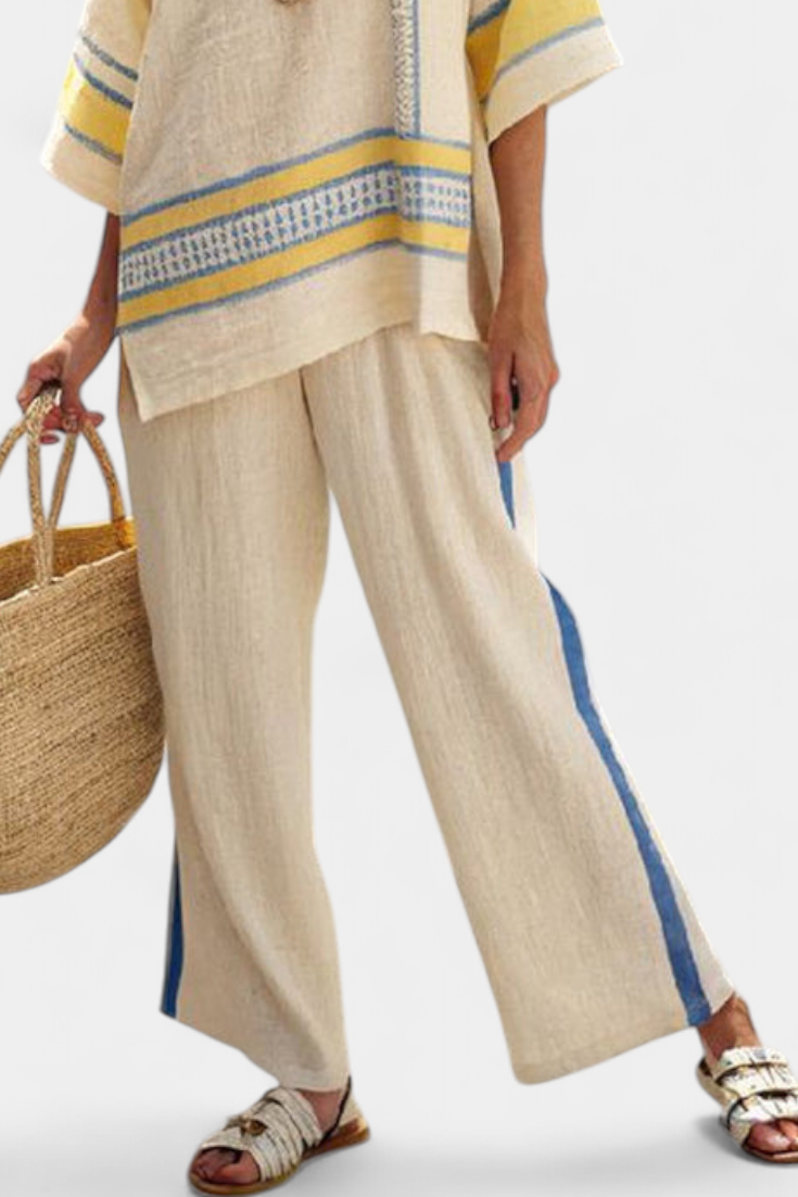 Jade – Bequemes blau-gelbes mediterranes Oberteil und Hose