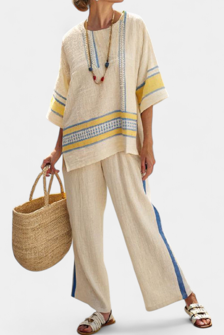 Jade – Bequemes blau-gelbes mediterranes Oberteil und Hose